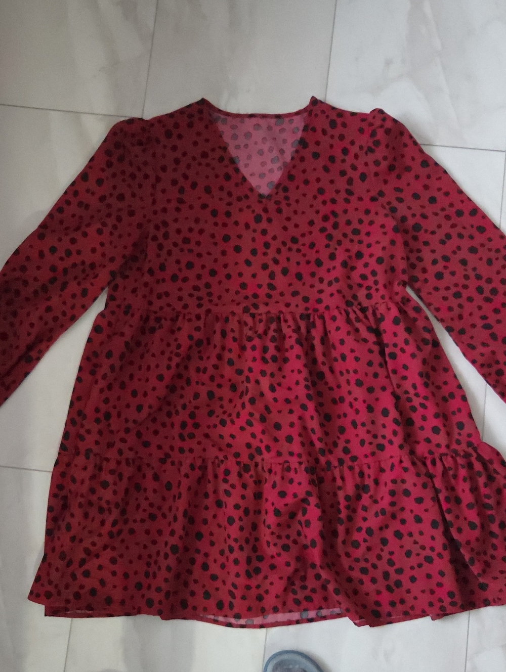 Ladies Red Polka Dot Tiered Dress Or Tunic - Cute Long Sleeve